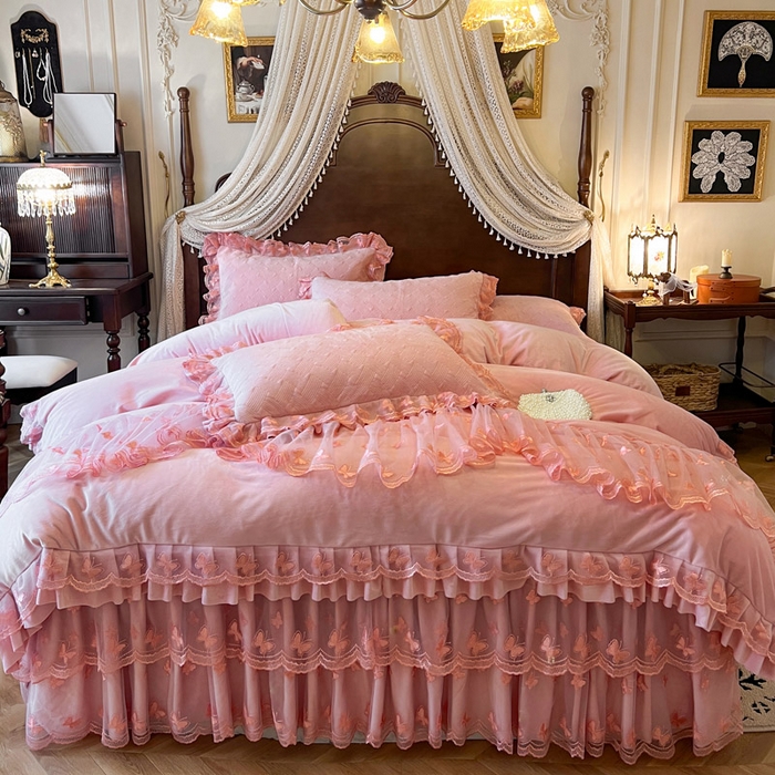 瑞宝 2025新款宝宝绒夹棉床裙四件套-香奢丽影 香奢丽影-樱花粉