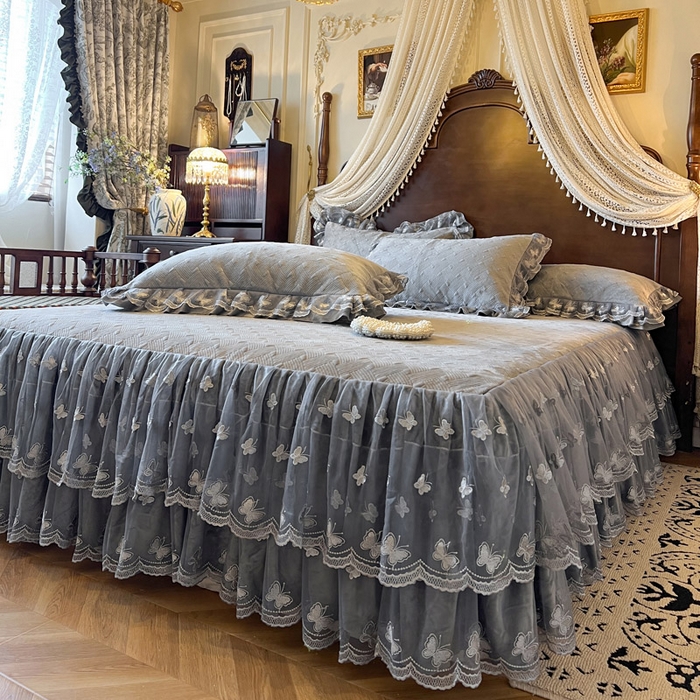 91家纺网 家纺一手货源 找家纺 瑞宝 2025新款宝宝绒夹棉床裙四件套-香奢丽影 香奢丽影-高级灰