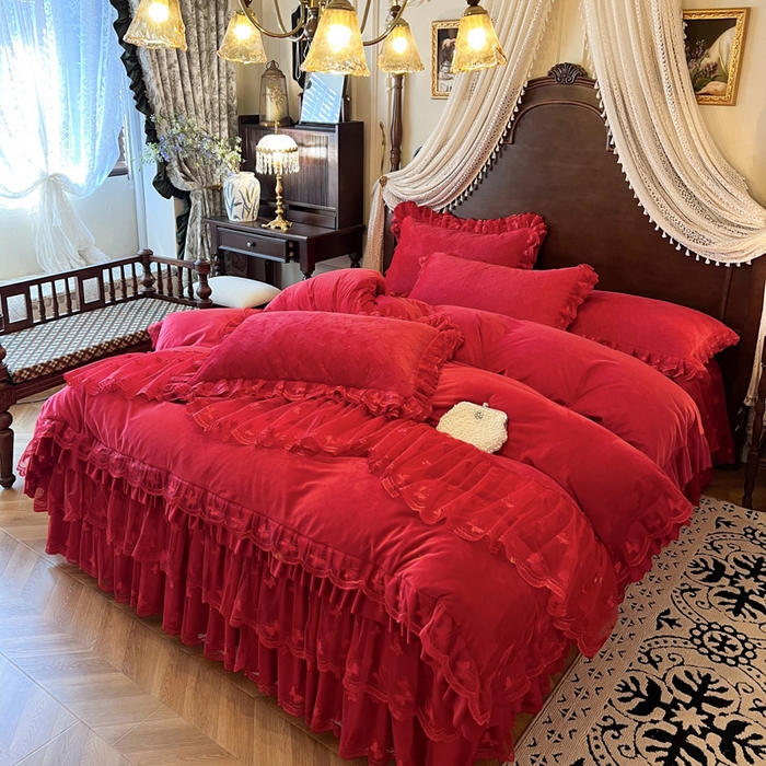 91家纺网 家纺一手货源 找家纺 瑞宝 2025新款宝宝绒夹棉床裙四件套-香奢丽影 香奢丽影-中国红