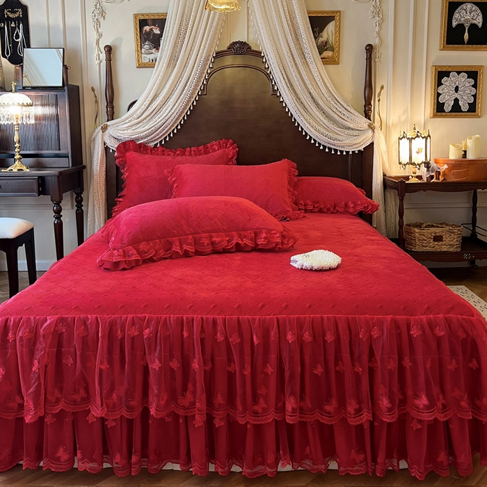 91家纺网 家纺一手货源 找家纺 瑞宝 2025新款宝宝绒夹棉床裙四件套-香奢丽影 香奢丽影-中国红