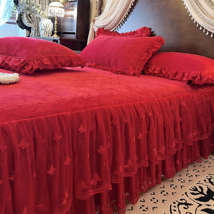 91家纺网 家纺一手货源 找家纺 瑞宝 2025新款宝宝绒夹棉床裙四件套-香奢丽影 香奢丽影-中国红