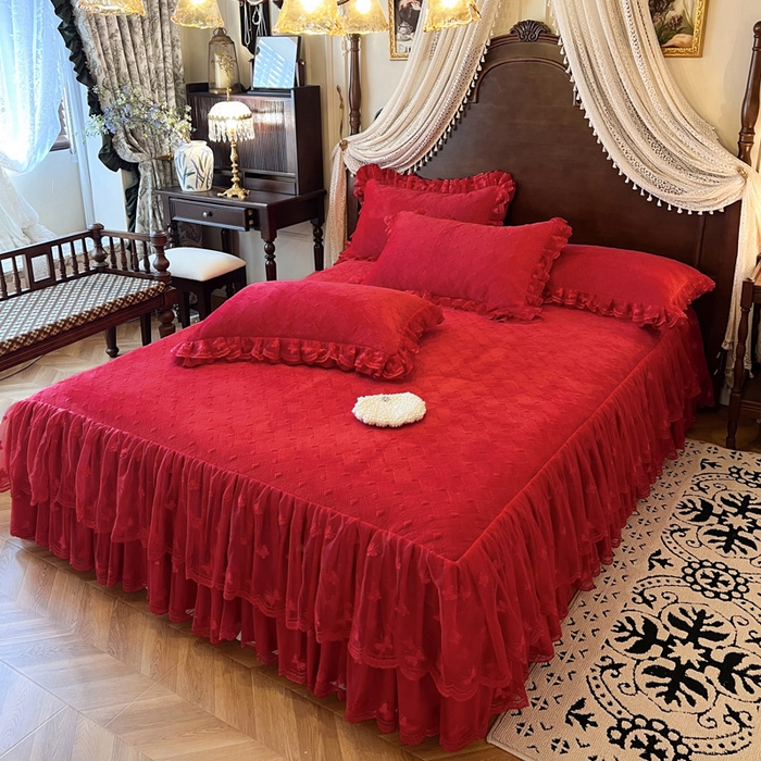 91家纺网 家纺一手货源 找家纺 瑞宝 2025新款宝宝绒夹棉床裙四件套-香奢丽影 香奢丽影-中国红