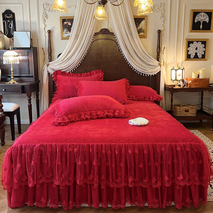 91家纺网 家纺一手货源 找家纺 瑞宝 2025新款宝宝绒夹棉床裙四件套-香奢丽影 香奢丽影-中国红