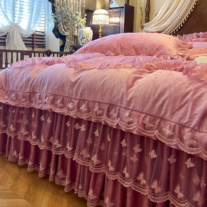 91家纺网 家纺一手货源 找家纺 瑞宝 2025新款宝宝绒夹棉床裙四件套-香奢丽影 香奢丽影-豆沙