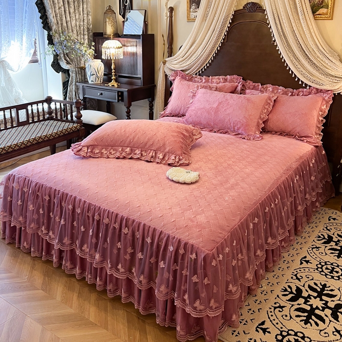 91家纺网 家纺一手货源 找家纺 瑞宝 2025新款宝宝绒夹棉床裙四件套-香奢丽影 香奢丽影-豆沙