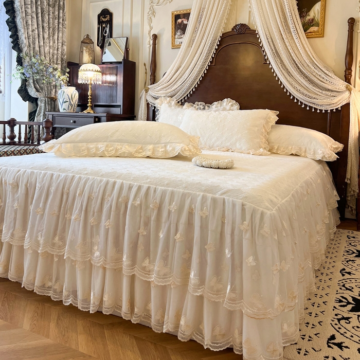 91家纺网 家纺一手货源 找家纺 瑞宝 2025新款宝宝绒夹棉床裙四件套-香奢丽影 香奢丽影-奶油白