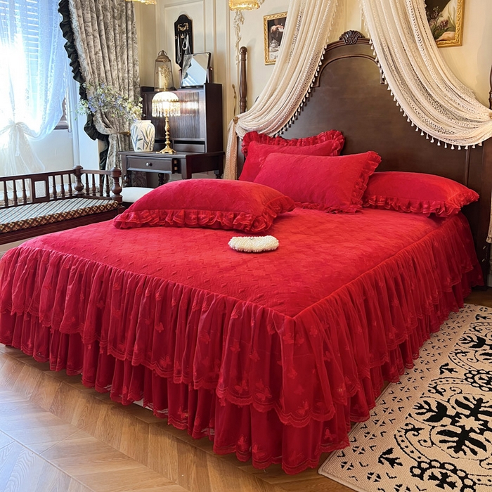 91家纺网 家纺一手货源 找家纺 瑞宝 2025新款宝宝绒夹棉床裙四件套-香奢丽影 香奢丽影-中国红