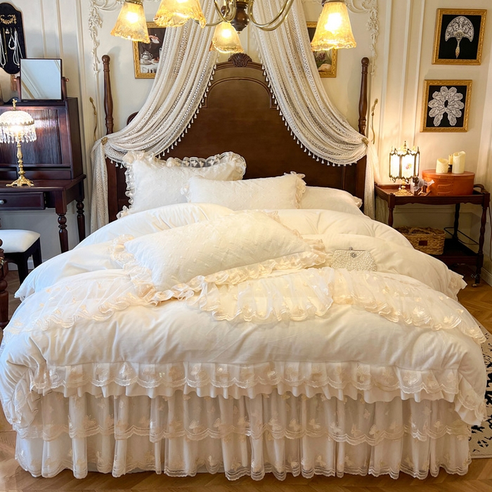 瑞宝 2025新款宝宝绒夹棉床裙四件套-香奢丽影 香奢丽影-奶油白