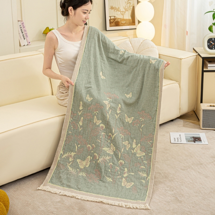 恋人优选 2025新款A类流苏全棉纯棉提花四层水洗浴巾 花飞蝶舞-绿 66x150cm