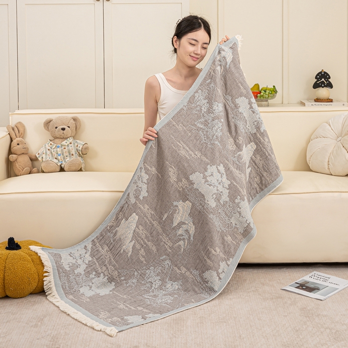 91家纺网 家纺一手货源 找家纺 恋人优选 2025新款A类流苏全棉纯棉提花四层水洗浴巾 锦绣河山-咖蓝 66x150cm