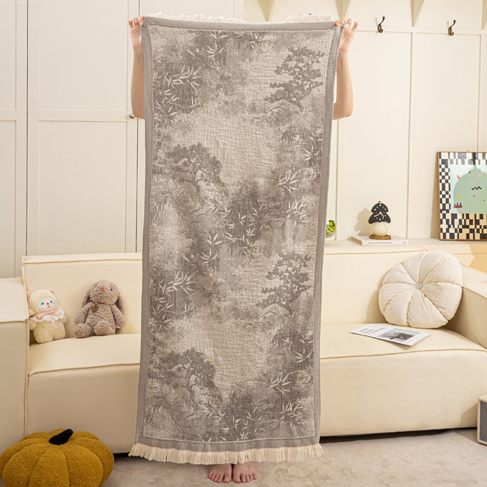 91家纺网 家纺一手货源 找家纺 恋人优选 2025新款A类流苏全棉纯棉提花四层水洗浴巾 苍松翠竹-灰 66x150cm