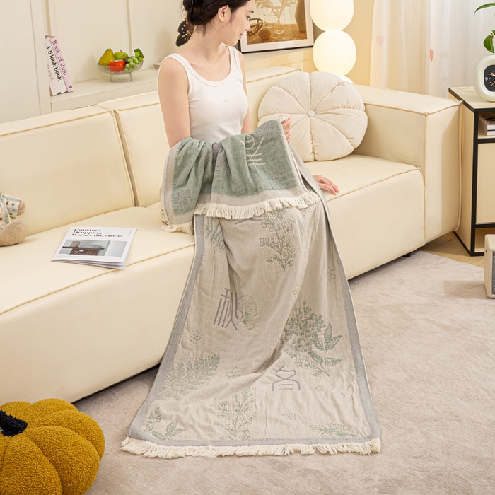 91家纺网 家纺一手货源 找家纺 恋人优选 2025新款A类流苏全棉纯棉提花四层水洗浴巾 春夏秋冬-米 66x150cm