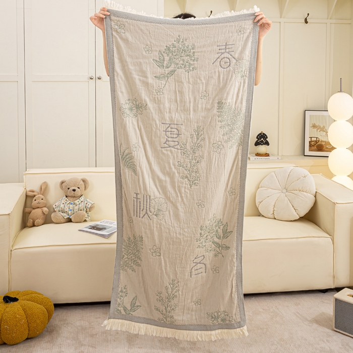 91家纺网 家纺一手货源 找家纺 恋人优选 2025新款A类流苏全棉纯棉提花四层水洗浴巾 春夏秋冬-米 66x150cm