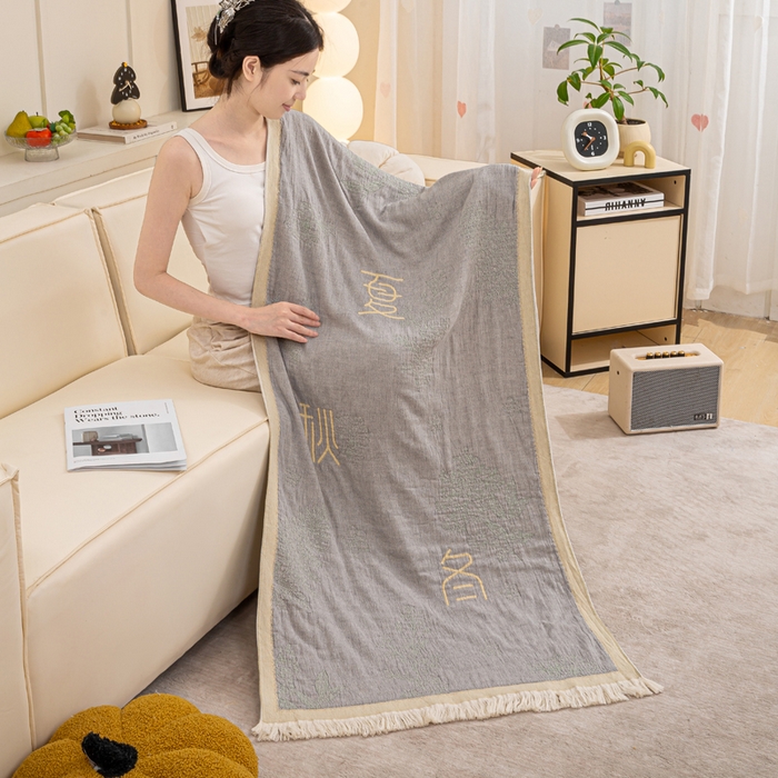 91家纺网 家纺一手货源 找家纺 恋人优选 2025新款A类流苏全棉纯棉提花四层水洗浴巾 春夏秋冬-灰 66x150cm