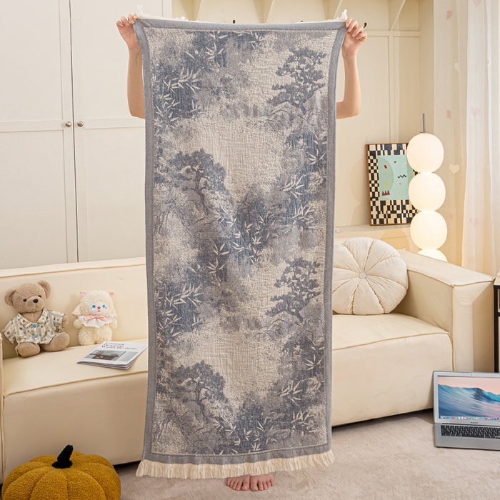 91家纺网 家纺一手货源 找家纺 恋人优选 2025新款A类流苏全棉纯棉提花四层水洗浴巾 苍松翠竹-蓝 66x150cm