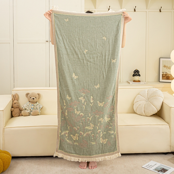 91家纺网 家纺一手货源 找家纺 恋人优选 2025新款A类流苏全棉纯棉提花四层水洗浴巾 花飞蝶舞-绿 66x150cm