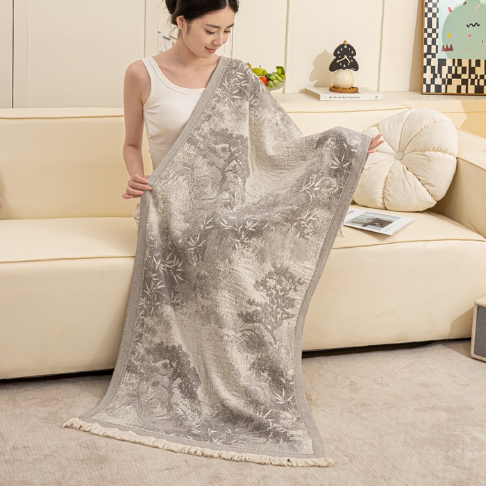 91家纺网 家纺一手货源 找家纺 恋人优选 2025新款A类流苏全棉纯棉提花四层水洗浴巾 苍松翠竹-灰 66x150cm