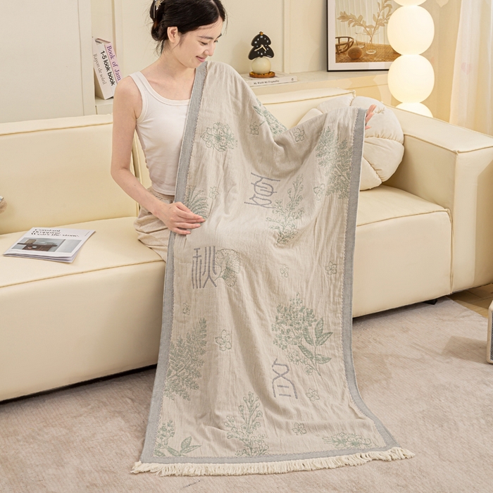 91家纺网 家纺一手货源 找家纺 恋人优选 2025新款A类流苏全棉纯棉提花四层水洗浴巾 春夏秋冬-米 66x150cm