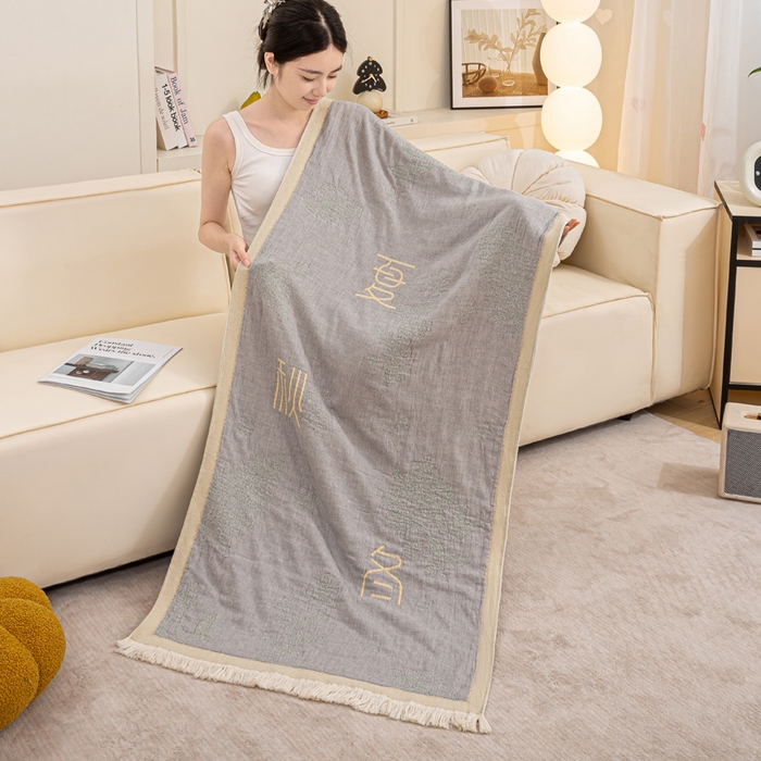 恋人优选 2025新款A类流苏全棉纯棉提花四层水洗浴巾 春夏秋冬-灰 66x150cm