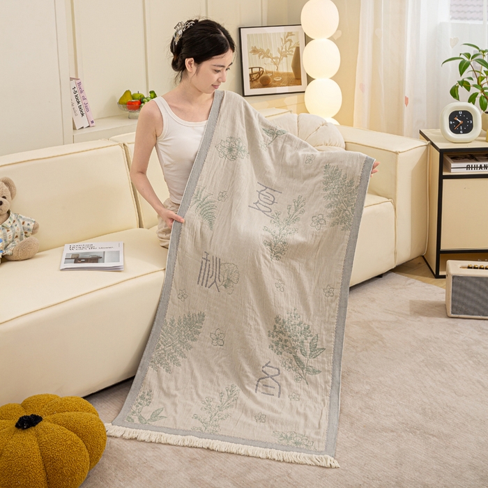 91家纺网 家纺一手货源 找家纺 恋人优选 2025新款A类流苏全棉纯棉提花四层水洗浴巾 春夏秋冬-米 66x150cm