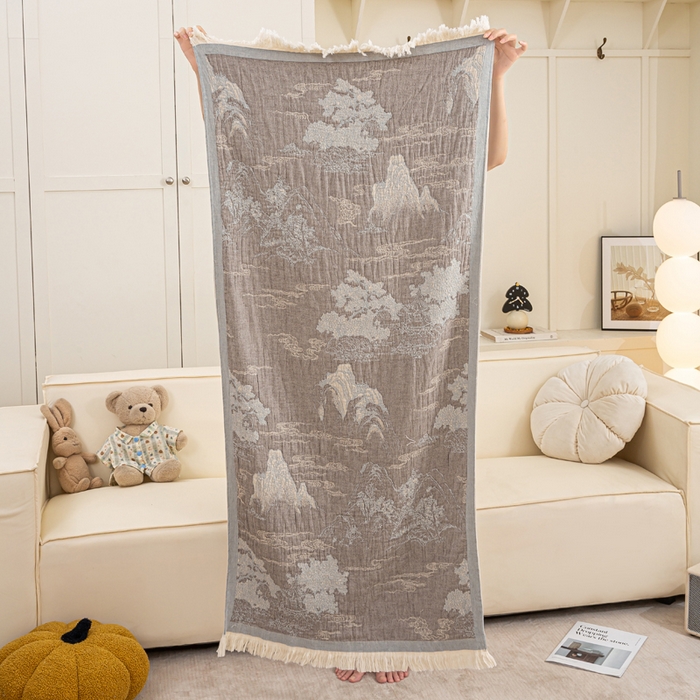 91家纺网 家纺一手货源 找家纺 恋人优选 2025新款A类流苏全棉纯棉提花四层水洗浴巾 锦绣河山-咖蓝 66x150cm