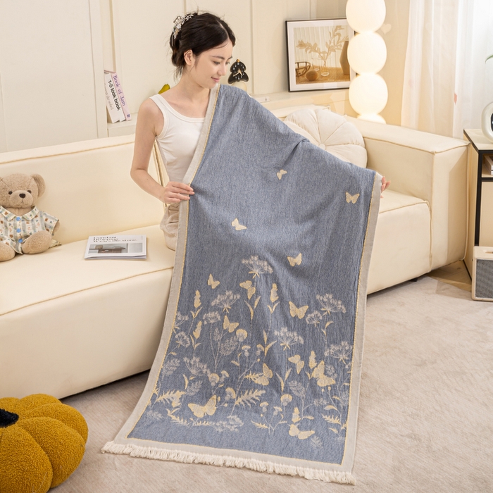 恋人优选 2025新款A类流苏全棉纯棉提花四层水洗浴巾 花飞蝶舞-蓝 66x150cm