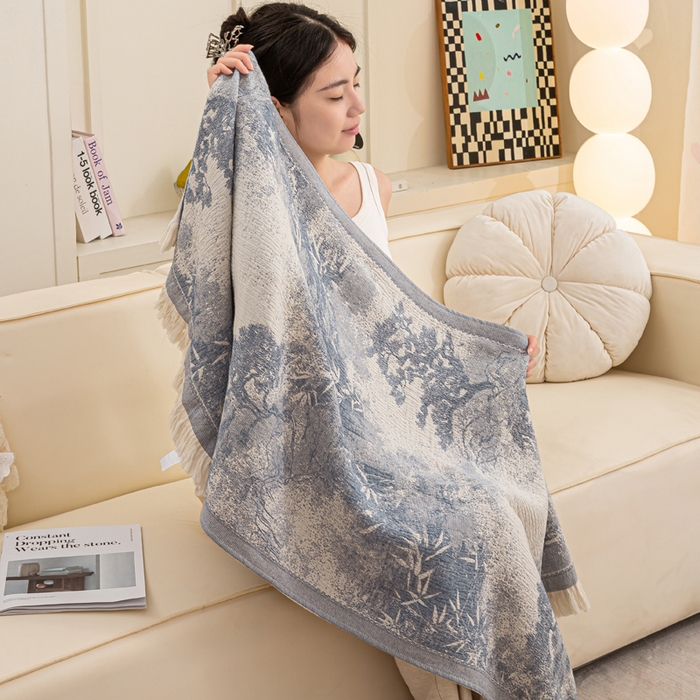 91家纺网 家纺一手货源 找家纺 恋人优选 2025新款A类流苏全棉纯棉提花四层水洗浴巾 苍松翠竹-蓝 66x150cm