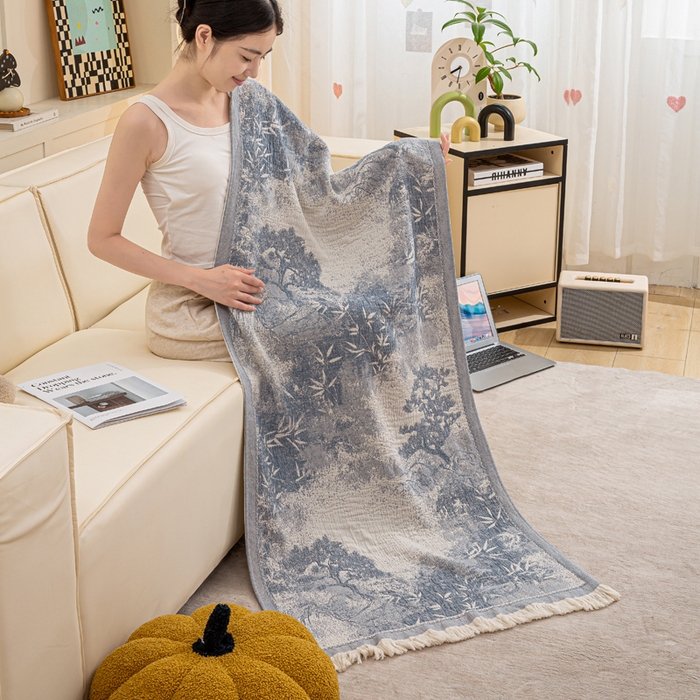 91家纺网 家纺一手货源 找家纺 恋人优选 2025新款A类流苏全棉纯棉提花四层水洗浴巾 苍松翠竹-蓝 66x150cm