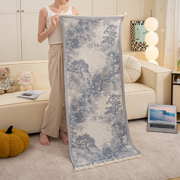 91家纺网 家纺一手货源 找家纺 恋人优选 2025新款A类流苏全棉纯棉提花四层水洗浴巾 苍松翠竹-蓝 66x150cm
