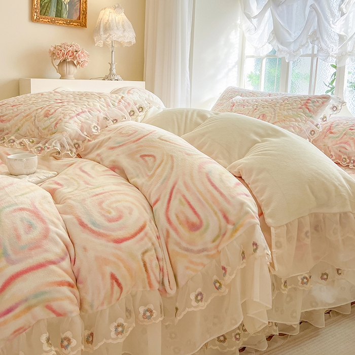 91家纺网 家纺一手货源 找家纺 网红馆（ck家纺） 2025新款亲肤舒适印花牛奶绒蕾丝边床裙系列四件套 星晴