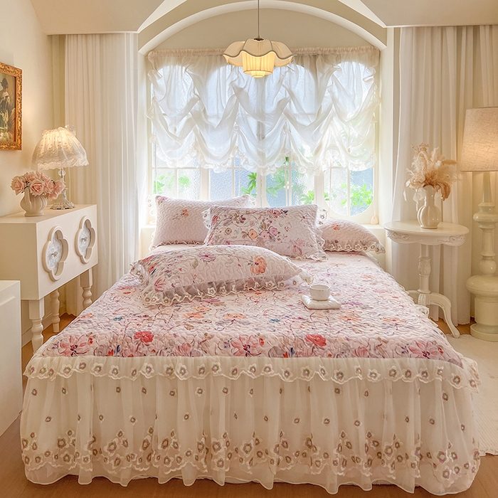 网红馆（ck家纺） 2025新款亲肤舒适印花牛奶绒蕾丝边床裙系列单床裙 玫瑰庄园