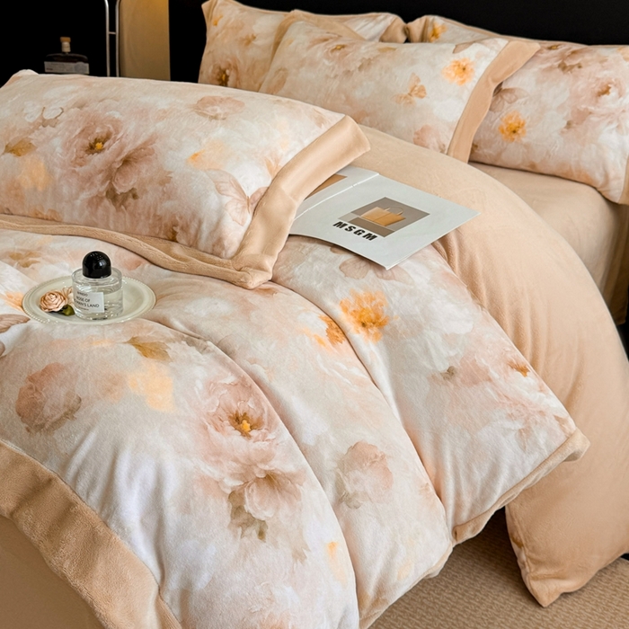 博纳家纺 2025新款亲肤舒适牛奶绒数码印花拼角系列四件套（控价劵后208 严格按控价来） 花织-香槟