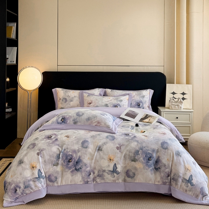 91家纺网 家纺一手货源 找家纺 博纳家纺 2025新款亲肤舒适牛奶绒数码印花拼角系列四件套（控价劵后208 严格按控价来） 花织-浅紫