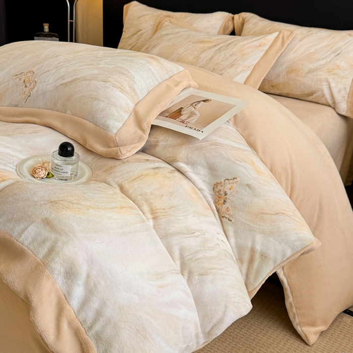 博纳家纺 2025新款亲肤舒适牛奶绒数码印花拼角系列四件套（控价劵后208 严格按控价来） 彩蝶飘飘-香槟