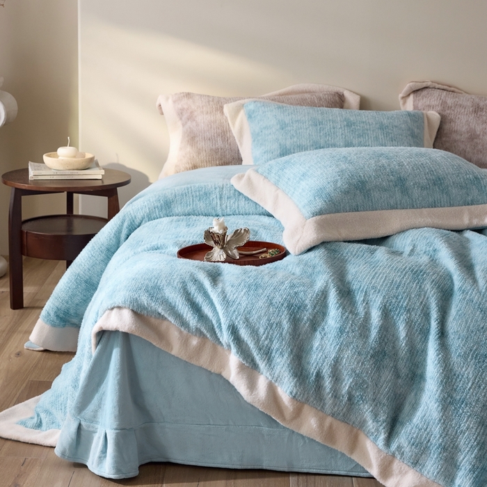 91家纺网 家纺一手货源 找家纺 榻尚家居 2025新款秋冬加厚绵阳绒牛奶绒四件套 绵阳绒蓝色