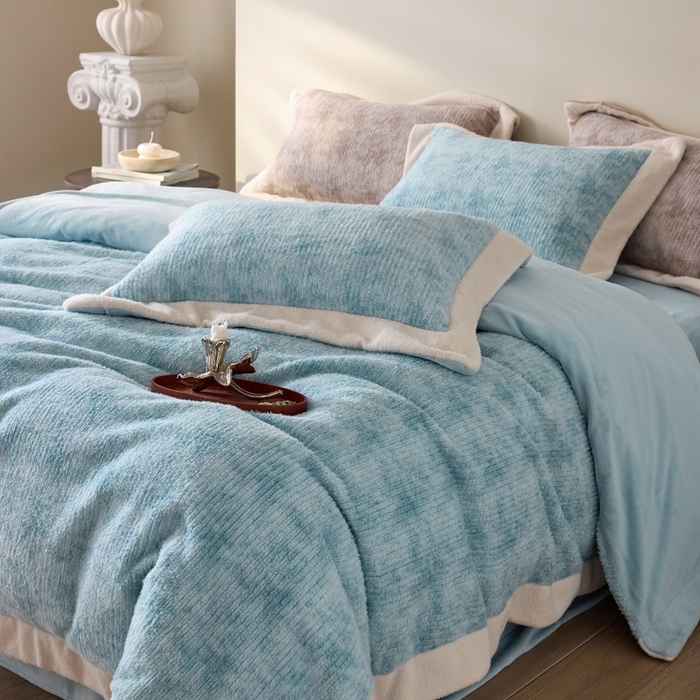 91家纺网 家纺一手货源 找家纺 榻尚家居 2025新款秋冬加厚绵阳绒牛奶绒四件套 绵阳绒蓝色