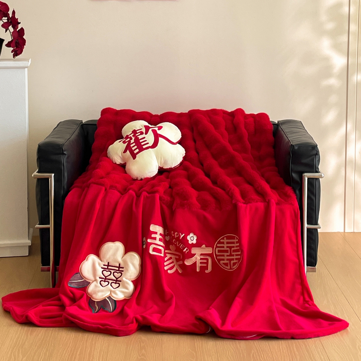 91家纺网 家纺一手货源 找家纺 玉雅家纺 2025新款兔毛绒多功能毛毯被套两用豆豆被被子被芯 婚庆毛毯-相爱一生