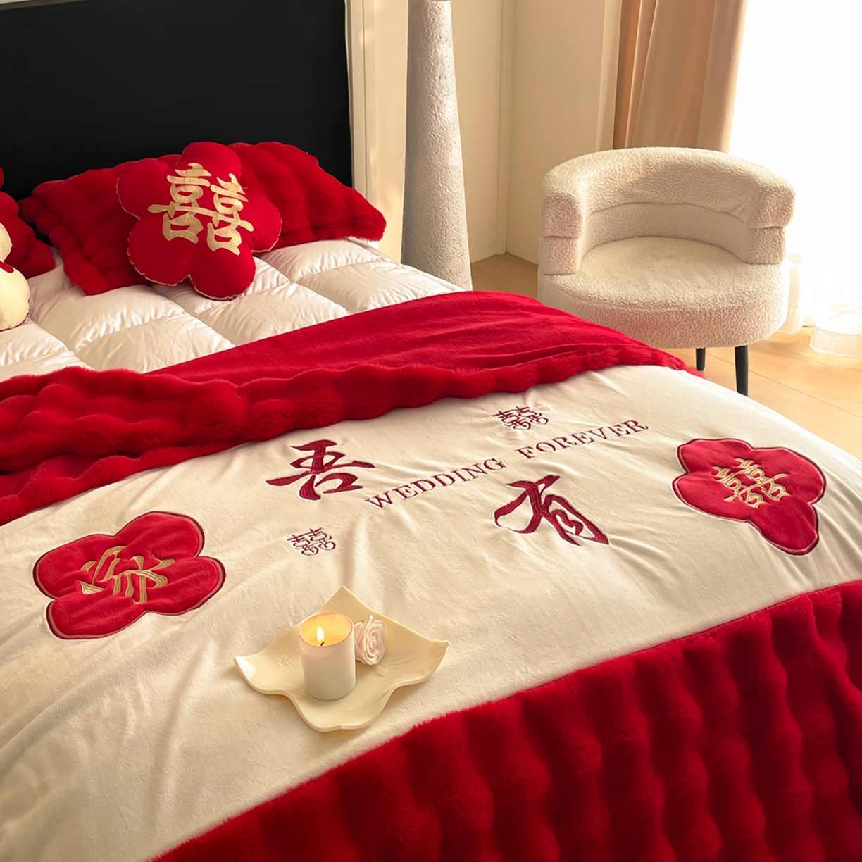 91家纺网 家纺一手货源 找家纺 玉雅家纺 2025新款兔毛绒多功能毛毯被套两用豆豆被被子被芯 婚庆毛毯-双喜临门