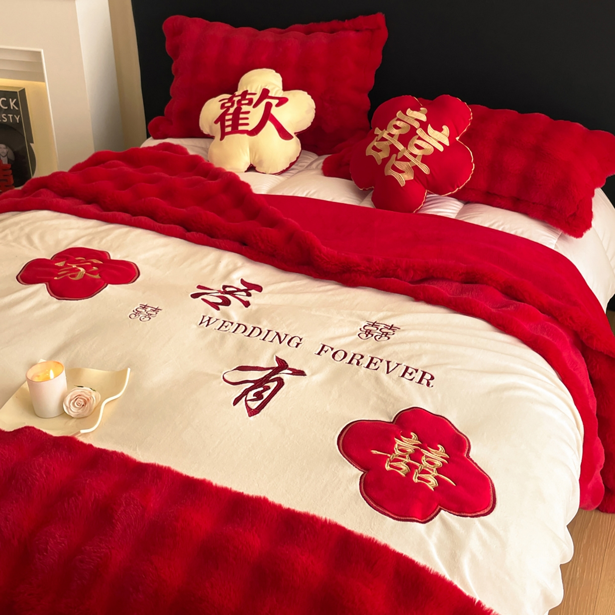 91家纺网 家纺一手货源 找家纺 玉雅家纺 2025新款兔毛绒多功能毛毯被套两用豆豆被被子被芯 婚庆毛毯-双喜临门