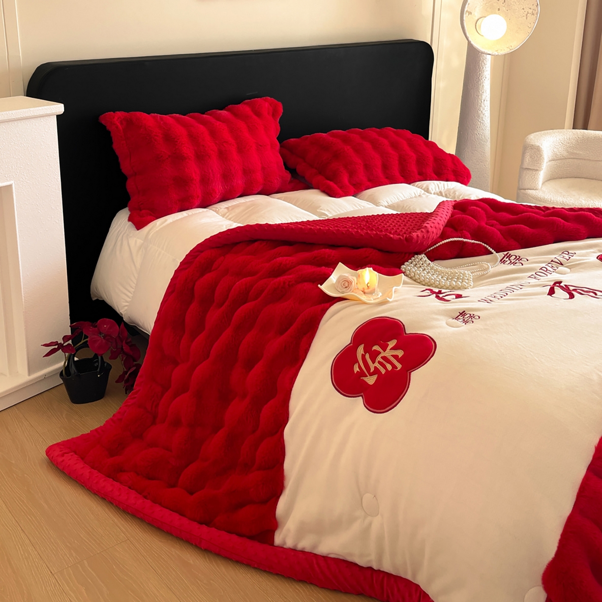 91家纺网 家纺一手货源 找家纺 玉雅家纺 2025新款兔毛绒多功能毛毯被套两用豆豆被被子被芯 婚庆毛毯-双喜临门