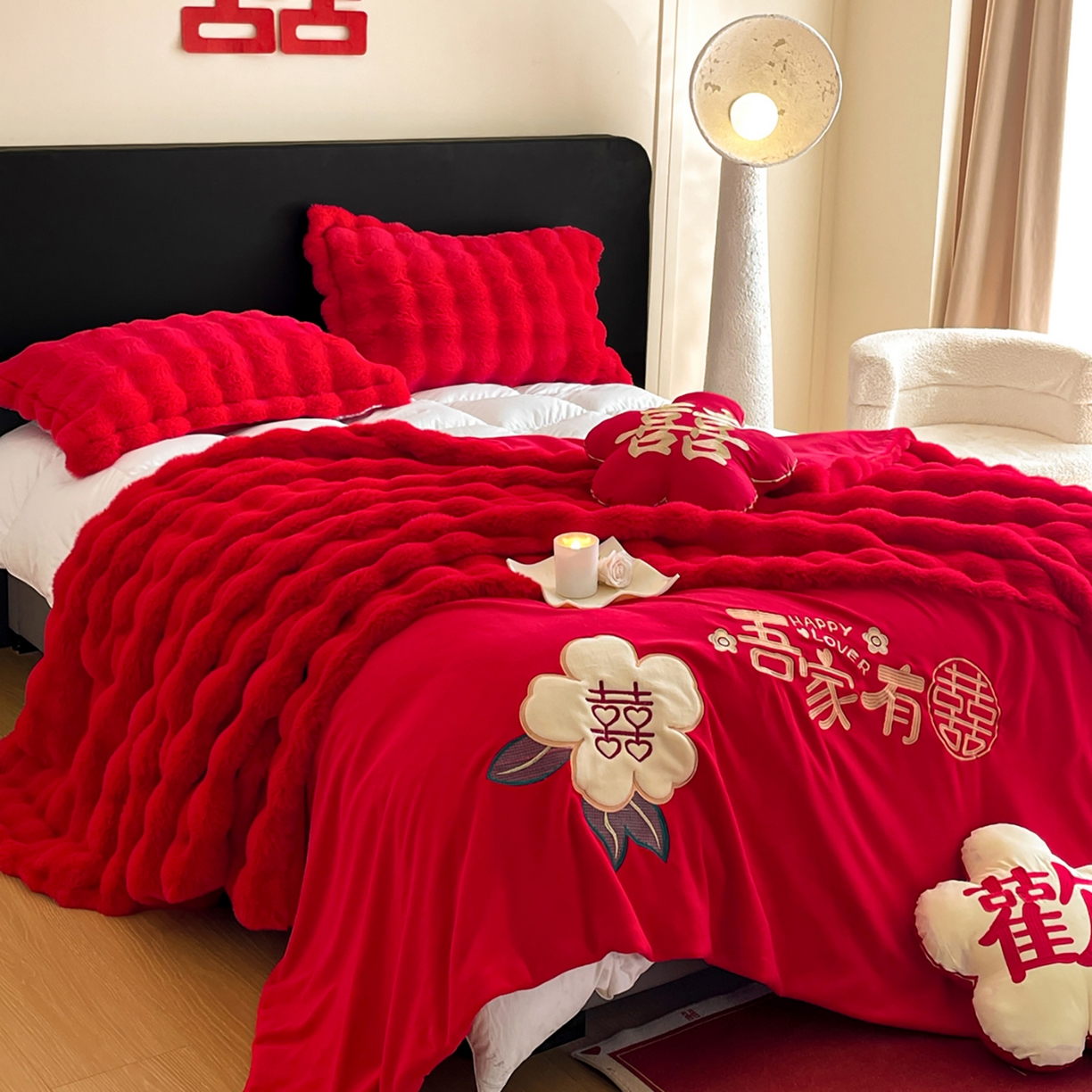 91家纺网 家纺一手货源 找家纺 玉雅家纺 2025新款兔毛绒多功能毛毯被套两用豆豆被被子被芯 婚庆毛毯-相爱一生