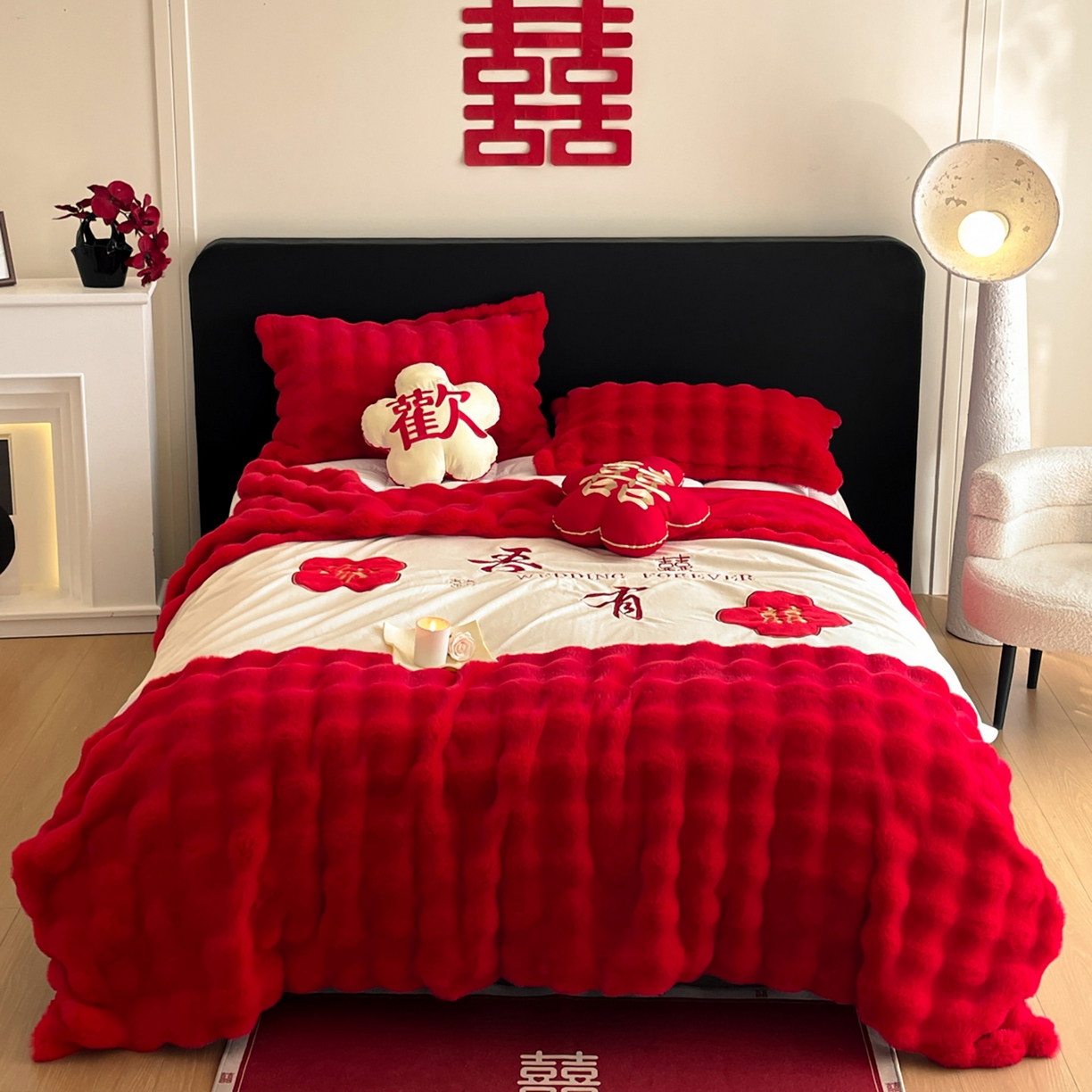 91家纺网 家纺一手货源 找家纺 玉雅家纺 2025新款兔毛绒多功能毛毯被套两用豆豆被被子被芯 婚庆毛毯-双喜临门