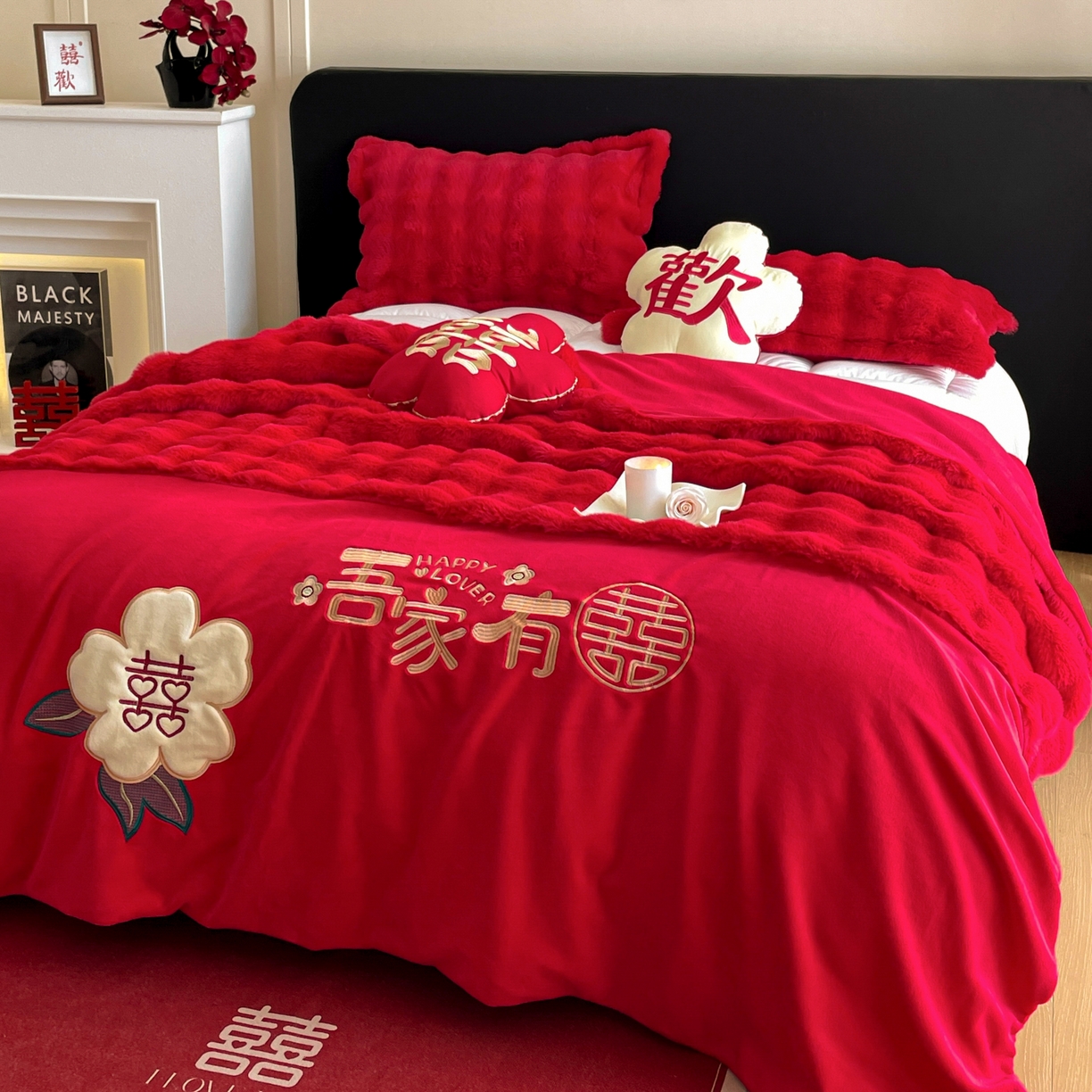 91家纺网 家纺一手货源 找家纺 玉雅家纺 2025新款兔毛绒多功能毛毯被套两用豆豆被被子被芯 婚庆毛毯-相爱一生