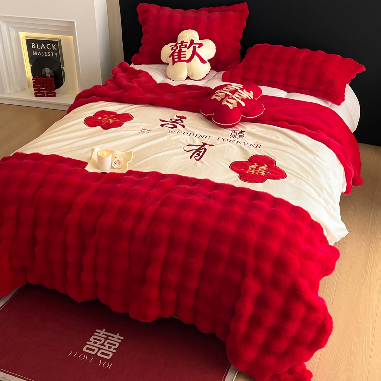 91家纺网 家纺一手货源 找家纺 玉雅家纺 2025新款兔毛绒多功能毛毯被套两用豆豆被被子被芯 婚庆毛毯-双喜临门