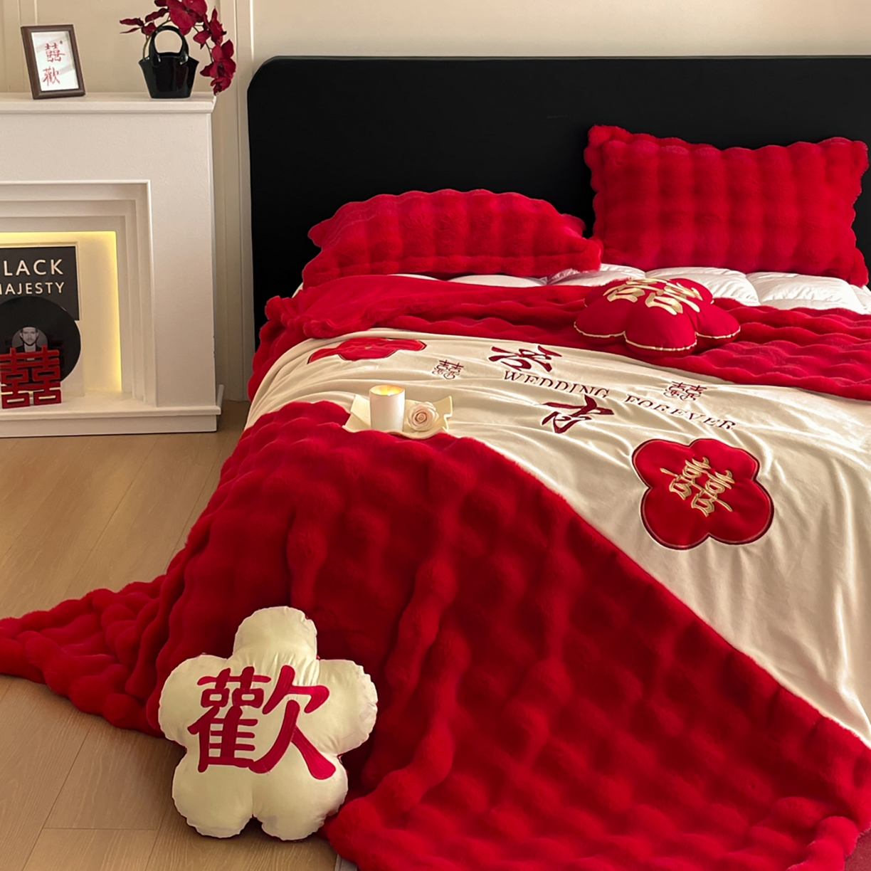 91家纺网 家纺一手货源 找家纺 玉雅家纺 2025新款兔毛绒多功能毛毯被套两用豆豆被被子被芯 婚庆毛毯-双喜临门