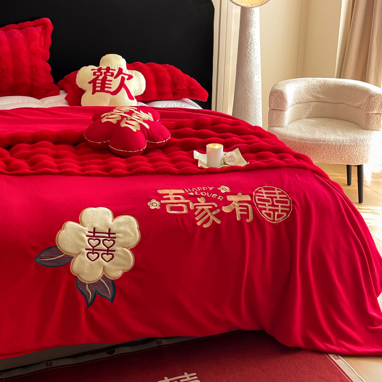 91家纺网 家纺一手货源 找家纺 玉雅家纺 2025新款兔毛绒多功能毛毯被套两用豆豆被被子被芯 婚庆毛毯-相爱一生