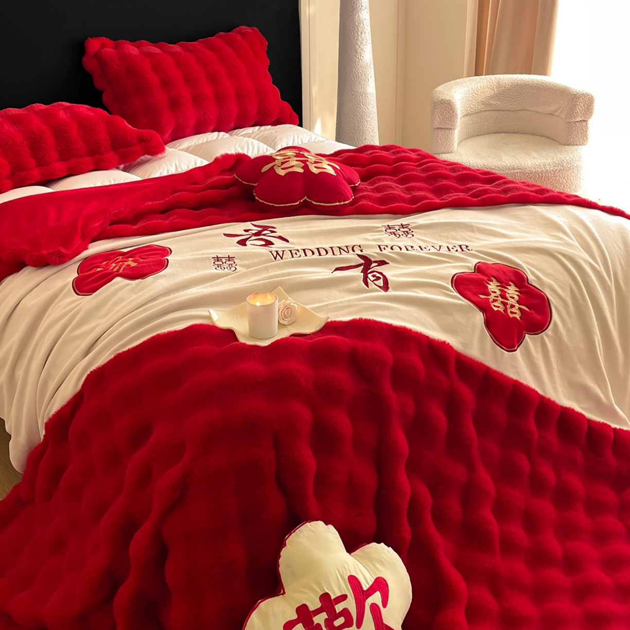 91家纺网 家纺一手货源 找家纺 玉雅家纺 2025新款兔毛绒多功能毛毯被套两用豆豆被被子被芯 婚庆毛毯-双喜临门