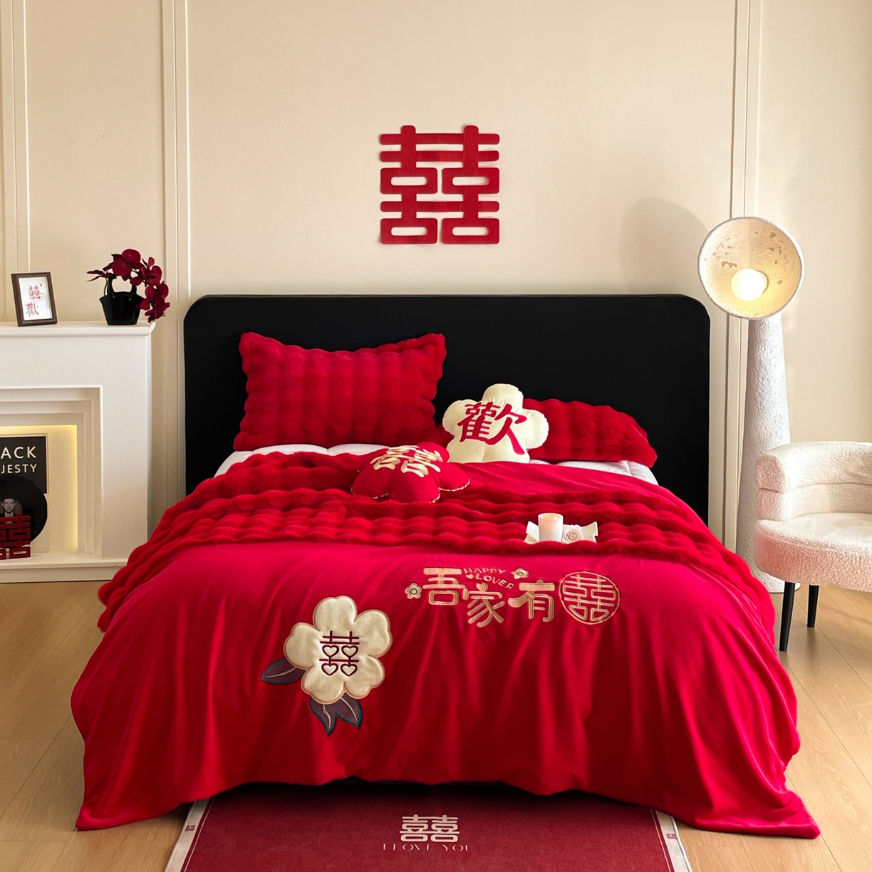 91家纺网 家纺一手货源 找家纺 玉雅家纺 2025新款兔毛绒多功能毛毯被套两用豆豆被被子被芯 婚庆毛毯-相爱一生