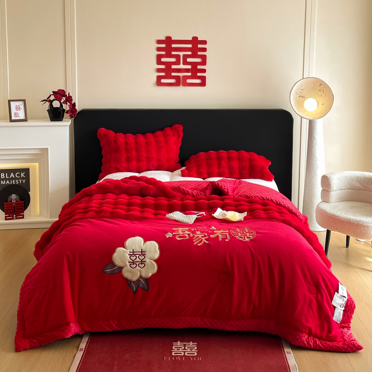 91家纺网 家纺一手货源 找家纺 玉雅家纺 2025新款兔毛绒多功能毛毯被套两用豆豆被被子被芯 婚庆毛毯-相爱一生