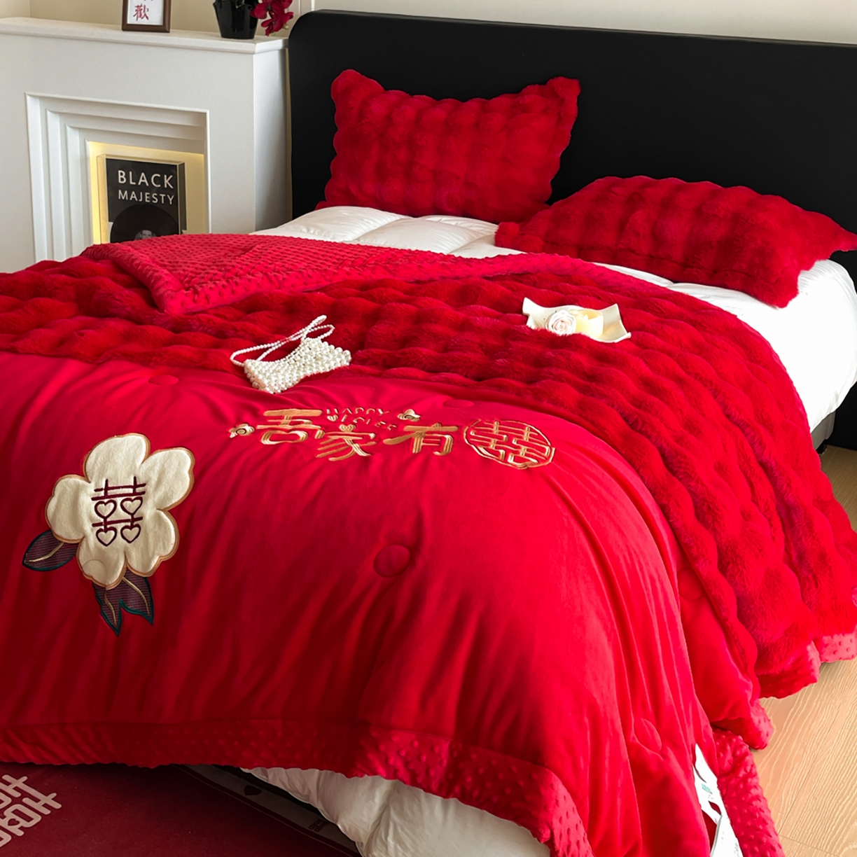 91家纺网 家纺一手货源 找家纺 玉雅家纺 2025新款兔毛绒多功能毛毯被套两用豆豆被被子被芯 婚庆毛毯-相爱一生